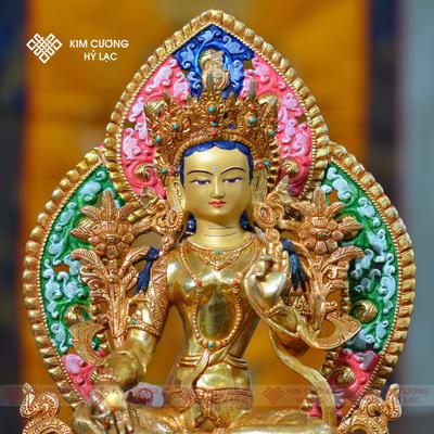 Tôn tượng Tara Xanh Nepal đồng mạ vàng hào quang 36cm