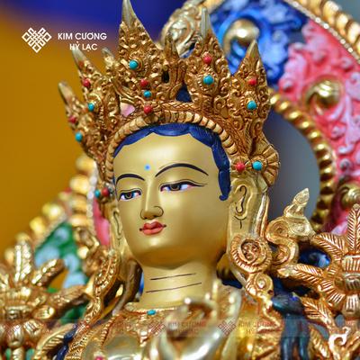 Tôn tượng Tara Xanh Nepal đồng mạ vàng hào quang 36cm