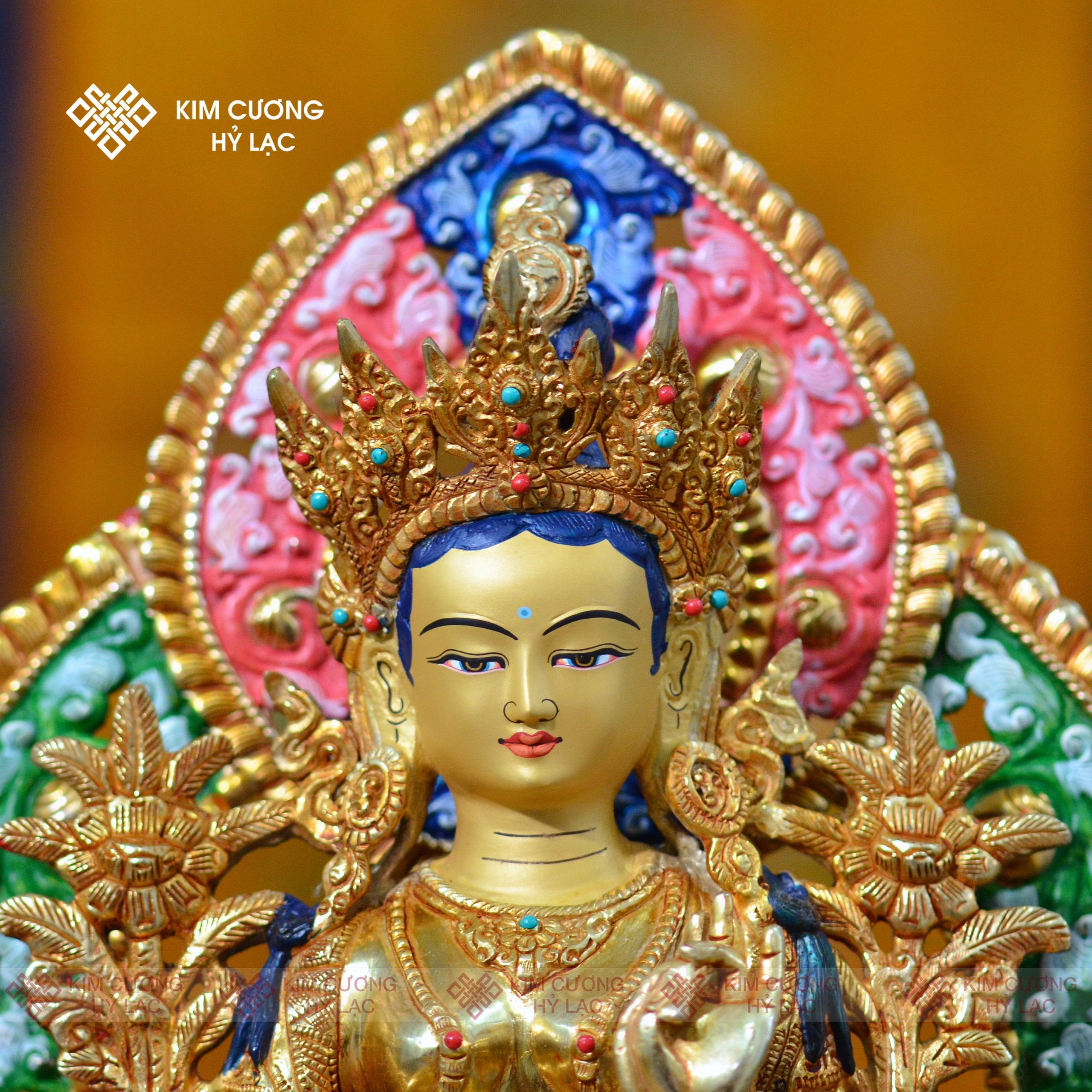 Tôn tượng Tara Xanh Nepal đồng mạ vàng hào quang 36cm