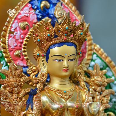 Tôn tượng Tara Xanh Nepal đồng mạ vàng hào quang 36cm
