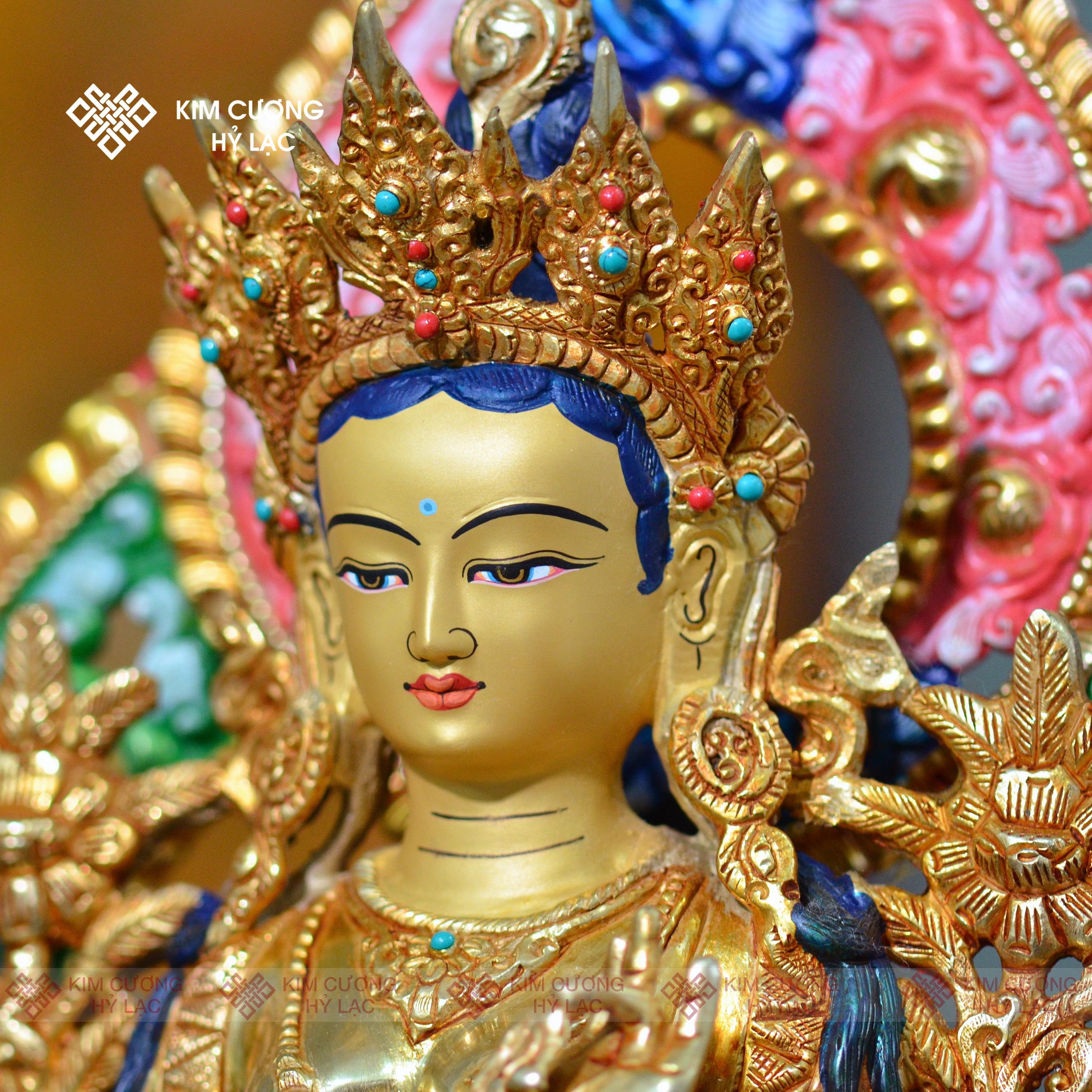 Tôn tượng Tara Xanh Nepal đồng mạ vàng hào quang 36cm