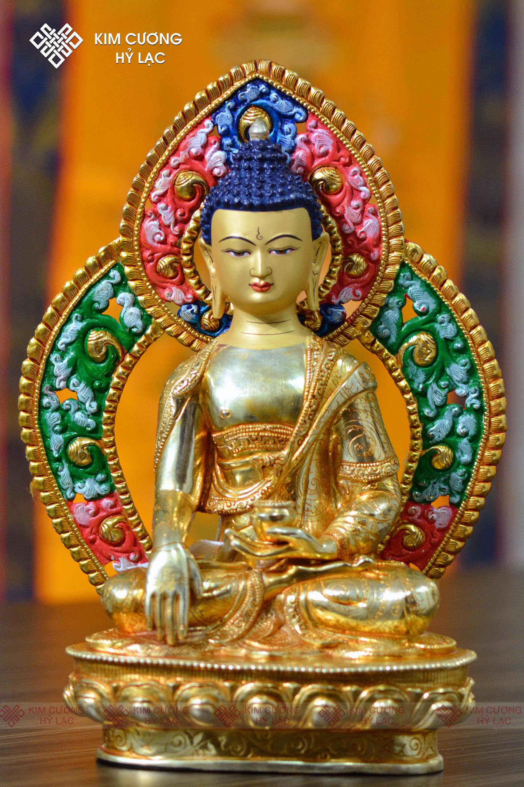 Tôn tượng Thích ca Nepal đồng mạ vàng hào quang 36cm
