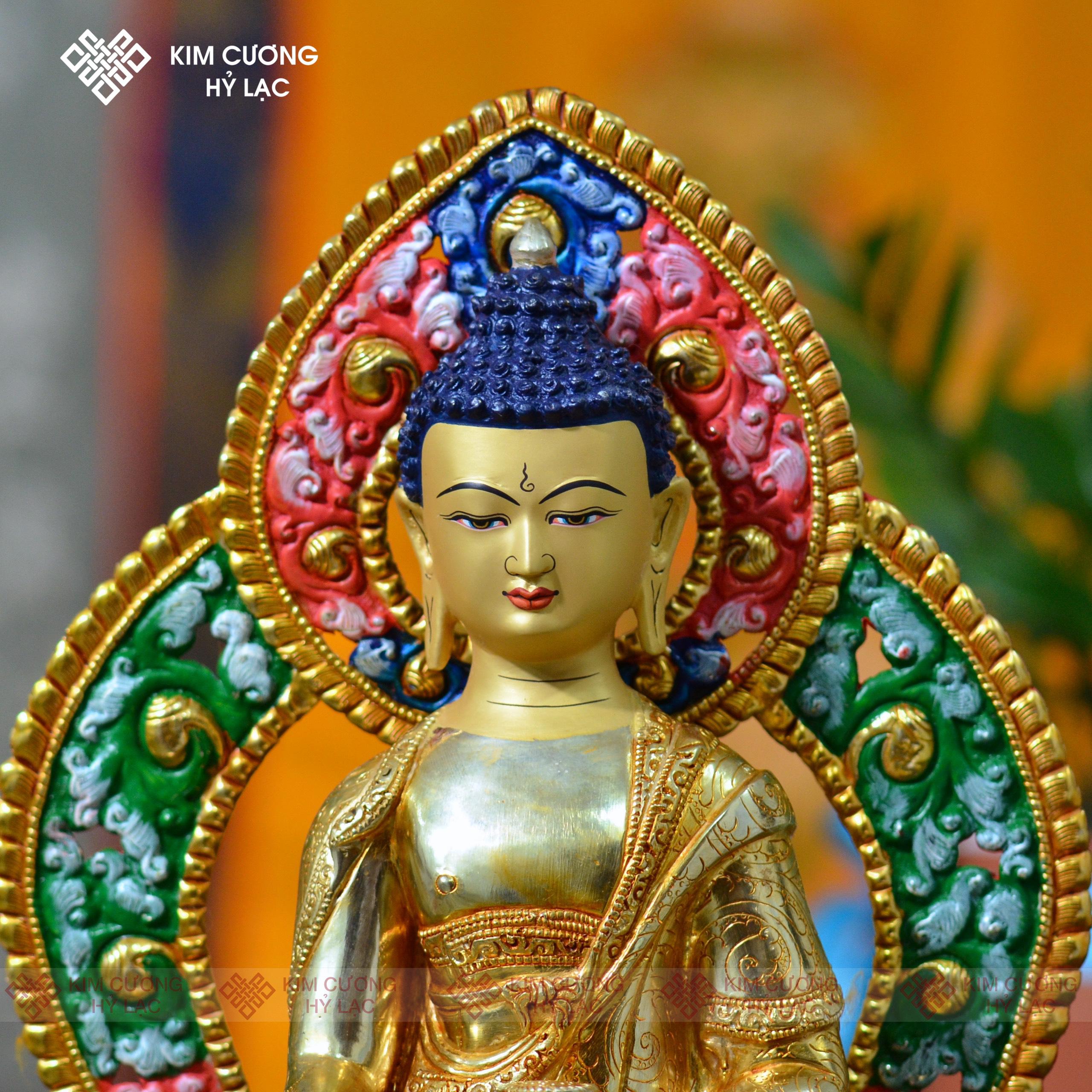 Tôn tượng Thích ca Nepal đồng mạ vàng hào quang 36cm