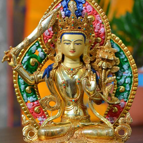 Tôn tượng Văn Thù Nepal đồng mạ vàng hào quang 36cm