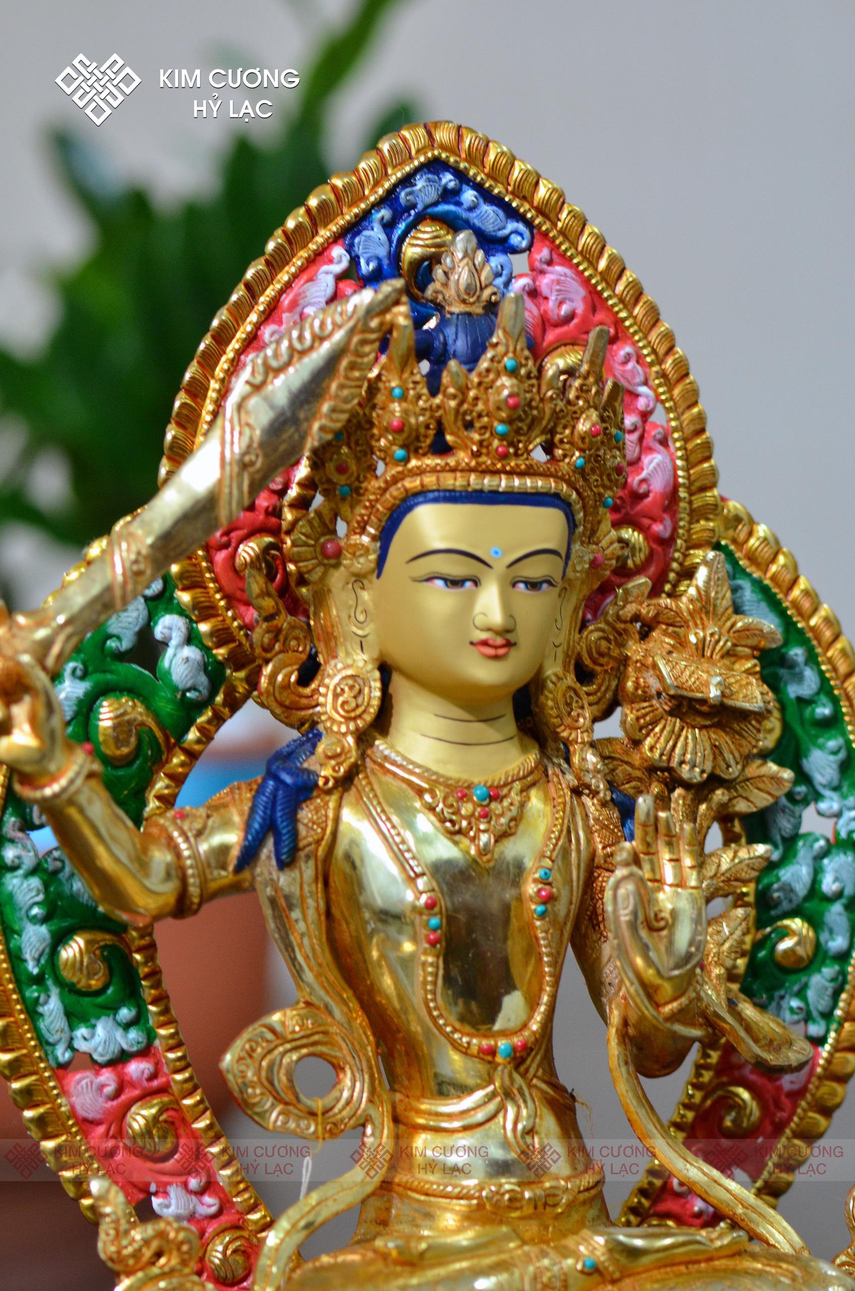 Tôn tượng Văn Thù Nepal đồng mạ vàng hào quang 36cm