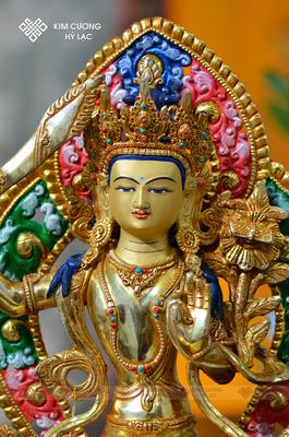 Tôn tượng Văn Thù Nepal đồng mạ vàng hào quang 36cm