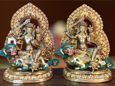 Tôn tượng Văn Thù Nepal cưỡi kỳ lân đồng mạ vàng 37cm