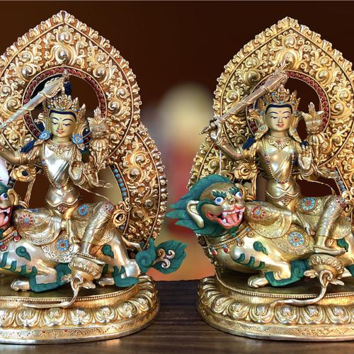 Tôn tượng Văn Thù Nepal cưỡi kỳ lân đồng mạ vàng 37cm