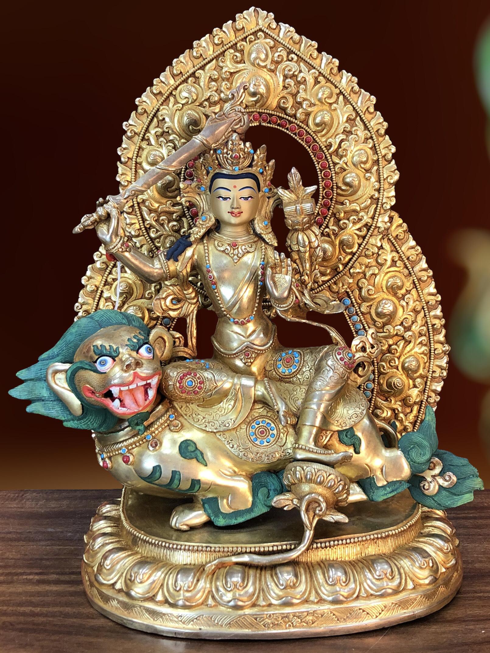 Tôn tượng Văn Thù Nepal cưỡi kỳ lân đồng mạ vàng 37cm