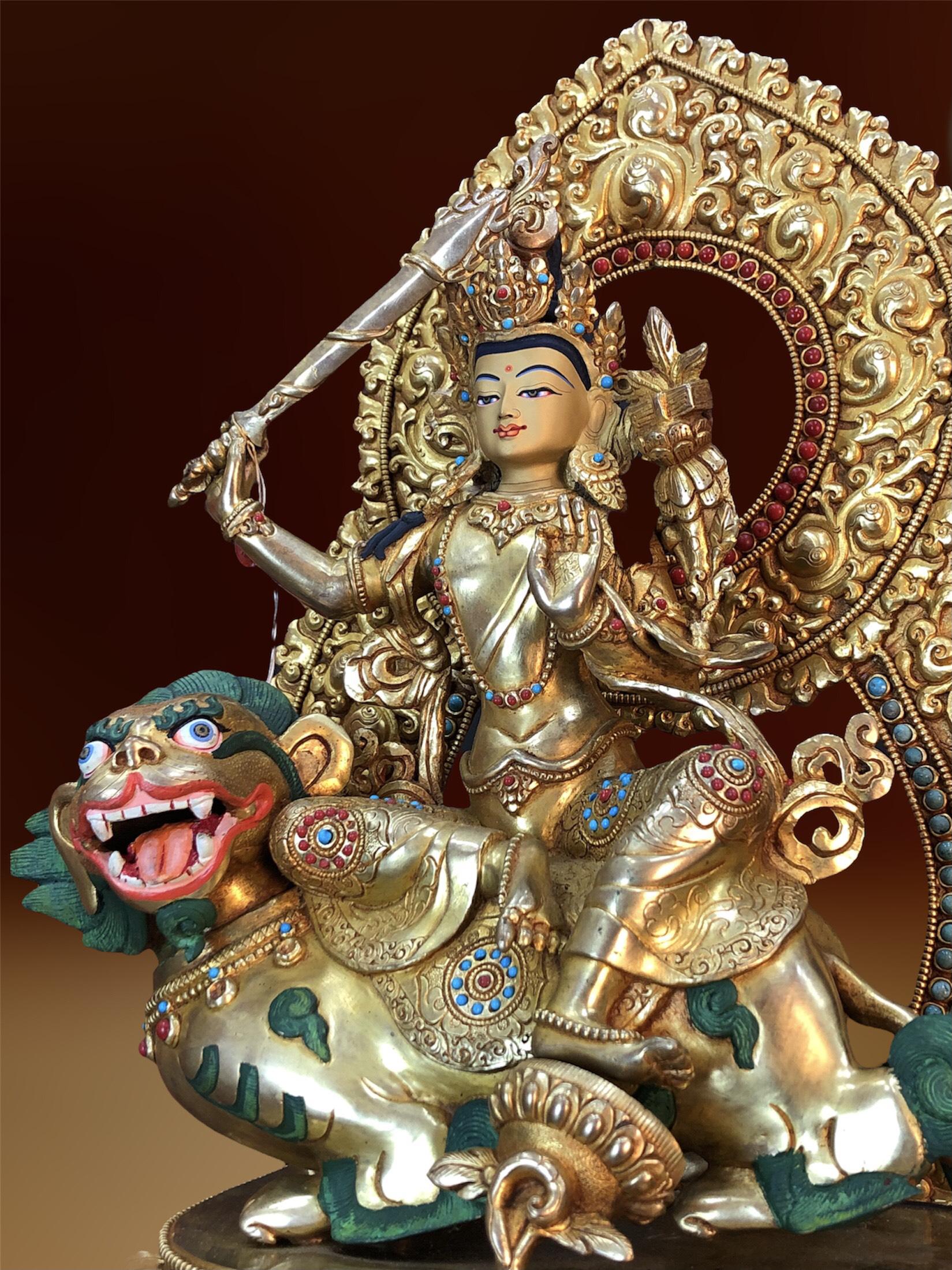 Tôn tượng Văn Thù Nepal cưỡi kỳ lân đồng mạ vàng 37cm