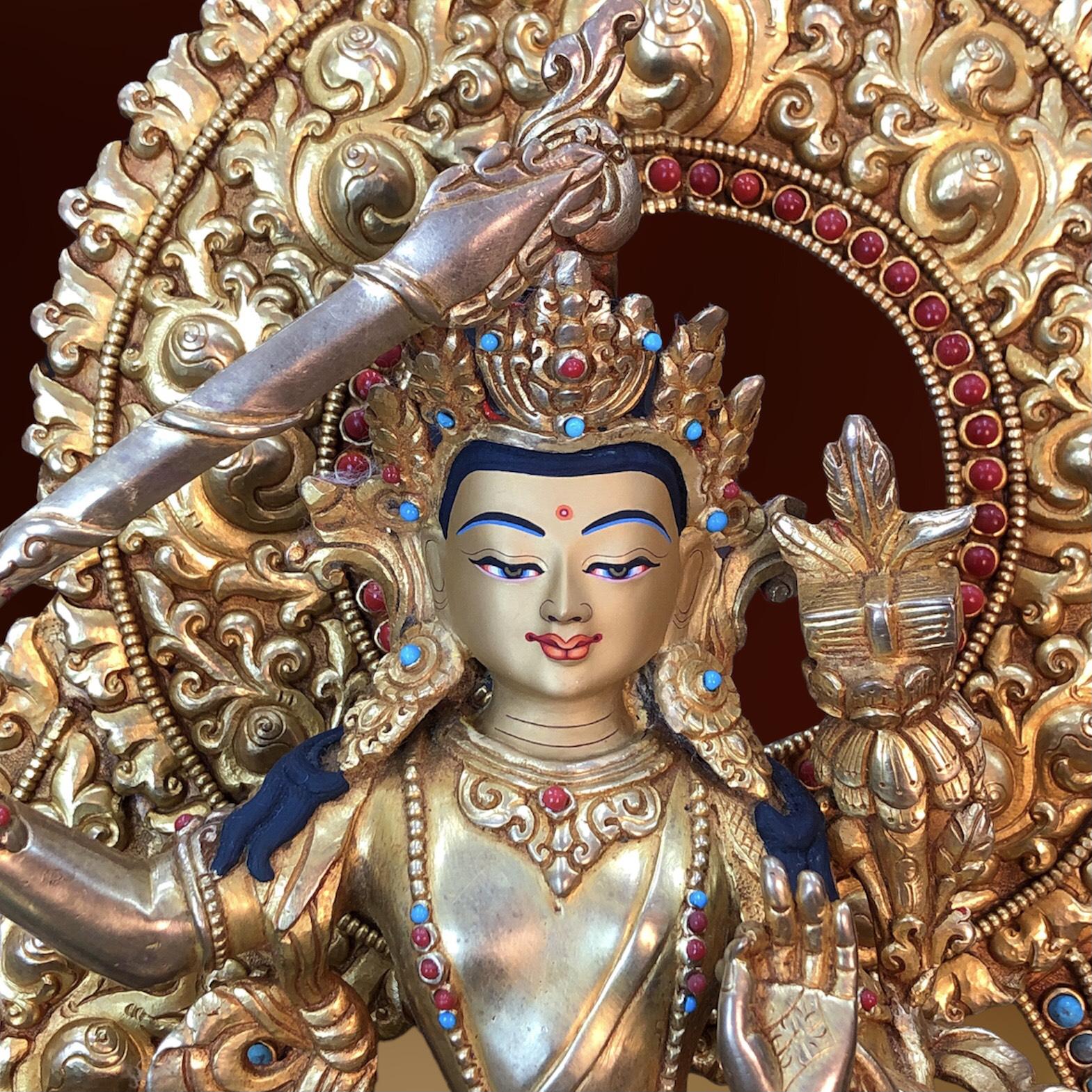 Tôn tượng Văn Thù Nepal cưỡi kỳ lân đồng mạ vàng 37cm