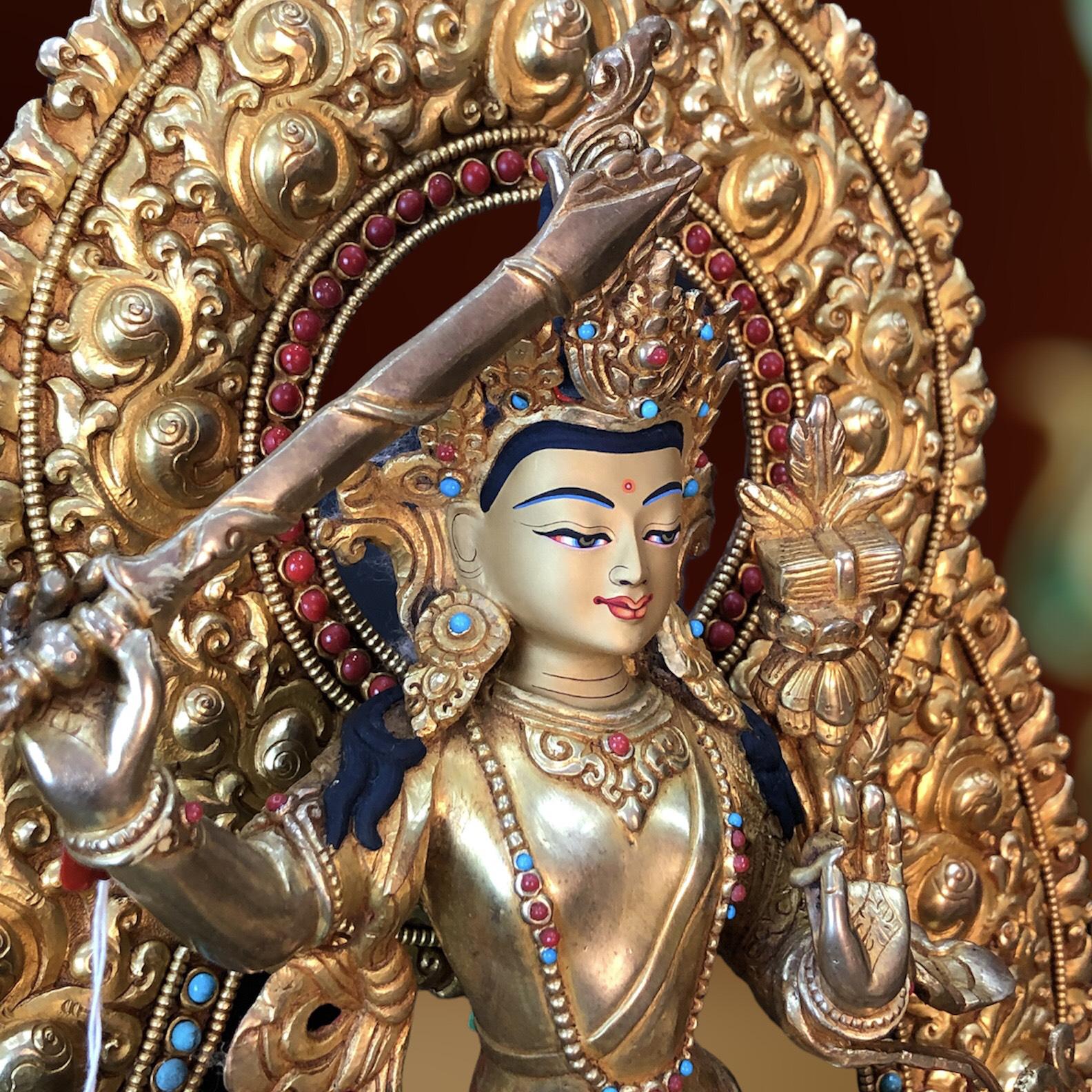 Tôn tượng Văn Thù Nepal cưỡi kỳ lân đồng mạ vàng 37cm