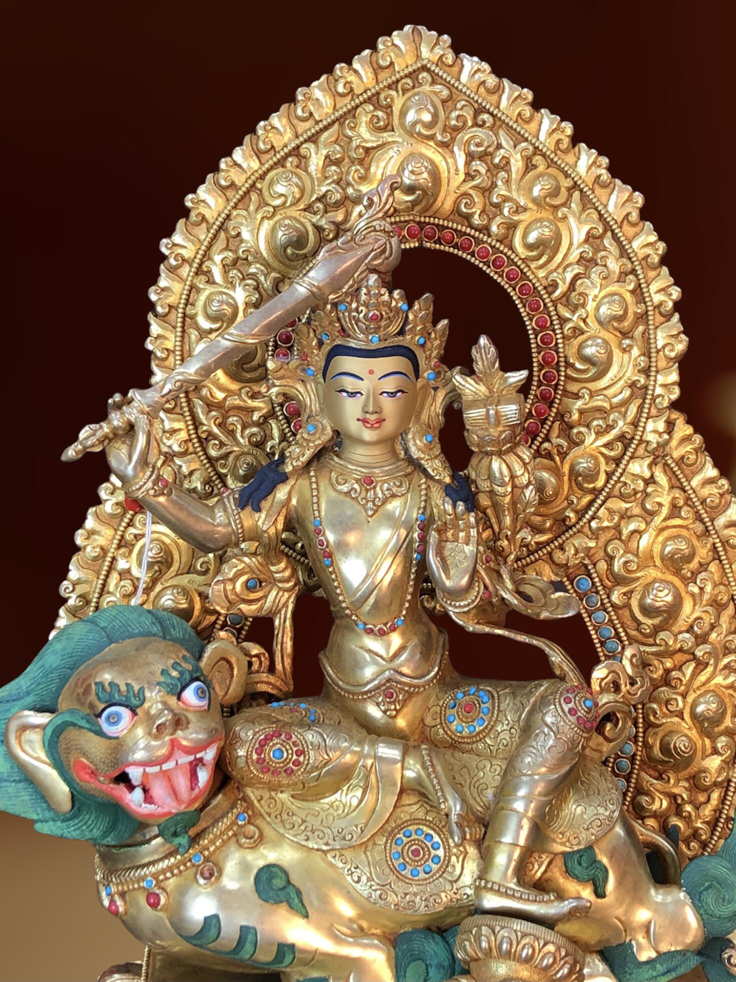 Tôn tượng Văn Thù Nepal cưỡi kỳ lân đồng mạ vàng 37cm