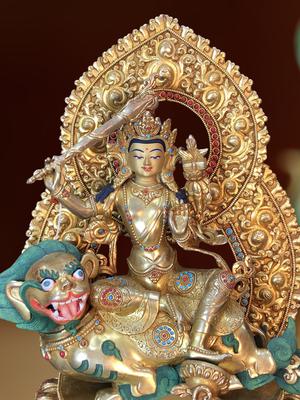 Tôn tượng Văn Thù Nepal cưỡi kỳ lân đồng mạ vàng 37cm