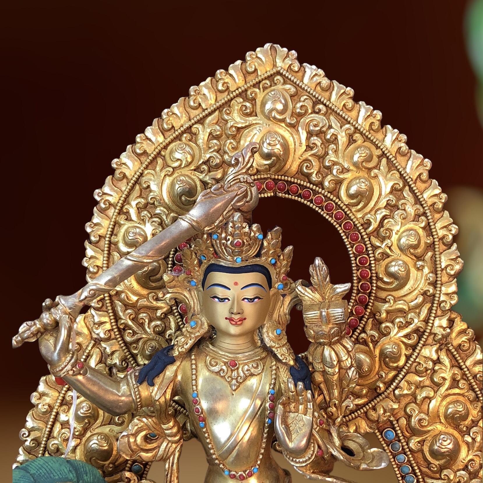 Tôn tượng Văn Thù Nepal cưỡi kỳ lân đồng mạ vàng 37cm