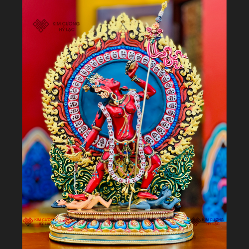 TÔN TƯỢNG DU GIÀ THÁNH NỮ DAKINI NEPAL ĐỒNG VẼ MÀU HÀO QUANG 43CM