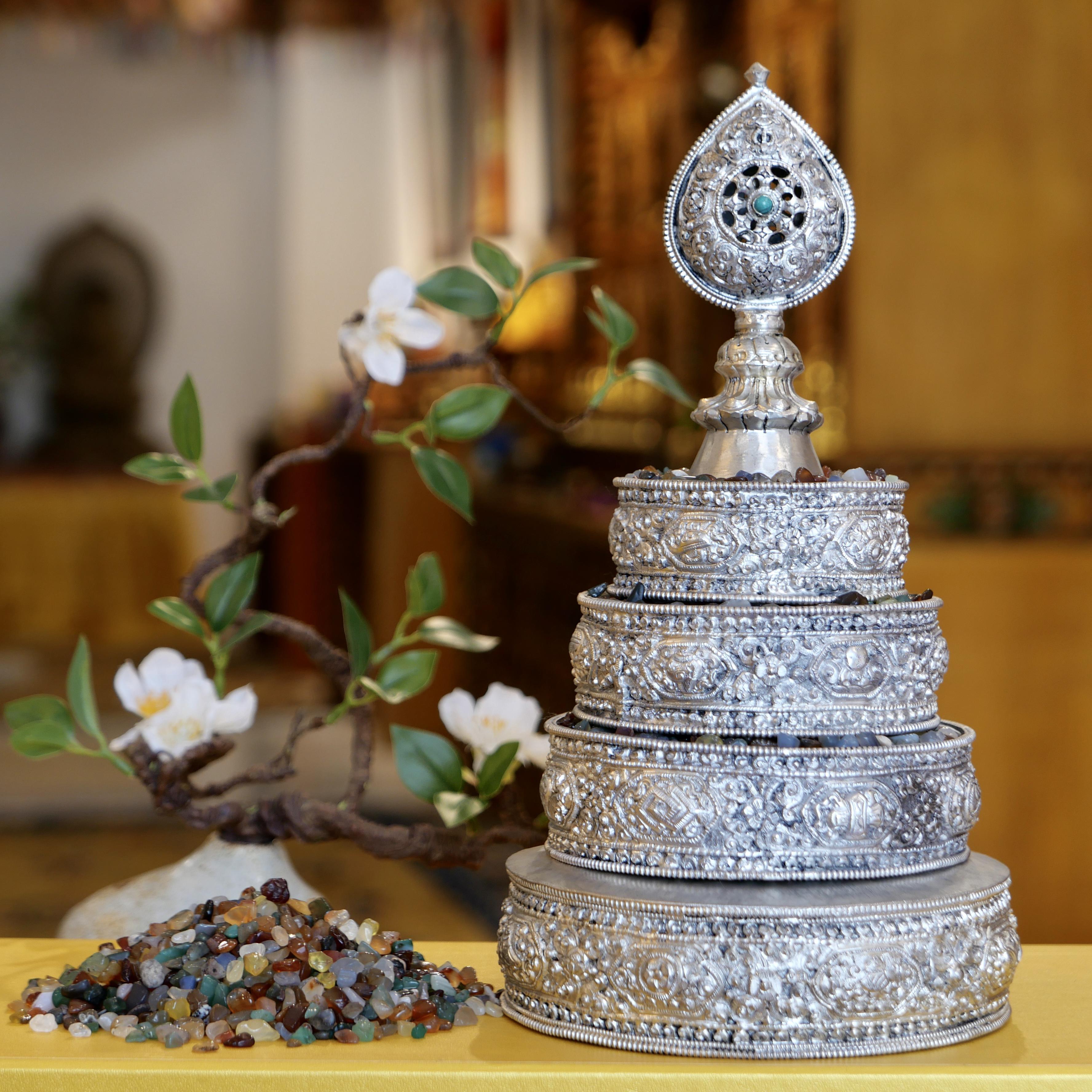 THÁP MANDALA NEPAL ĐỒNG MẠ BẠC FULL 30CM ( LOẠI KHÔNG ĐẾ)