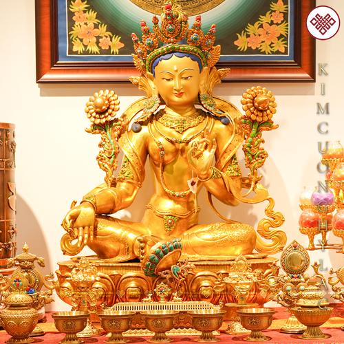 TƯỢNG PHẬT MẪU TARA XANH ĐỒNG MẠ VÀNG CẨN ĐÁ CAO 97CM – BIỂU TƯỢNG CỦA TỪ BI VÀ TRÍ TUỆ TỈNH THỨC