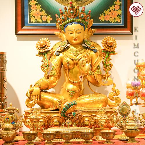 TƯỢNG PHẬT MẪU TARA XANH ĐỒNG MẠ VÀNG CẨN ĐÁ CAO 97CM – BIỂU TƯỢNG CỦA TỪ BI VÀ TRÍ TUỆ TỈNH THỨC