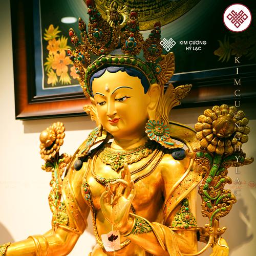 TƯỢNG PHẬT MẪU TARA XANH ĐỒNG MẠ VÀNG CẨN ĐÁ CAO 97CM – BIỂU TƯỢNG CỦA TỪ BI VÀ TRÍ TUỆ TỈNH THỨC